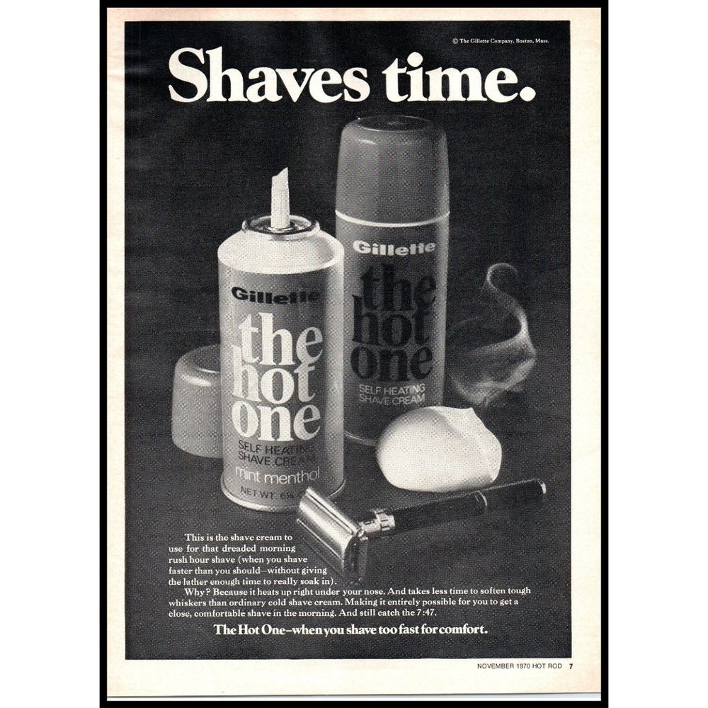 1970 Gillette The Hot One Shaving Cream Vintage Print Ad Mens Grooming Wall Art